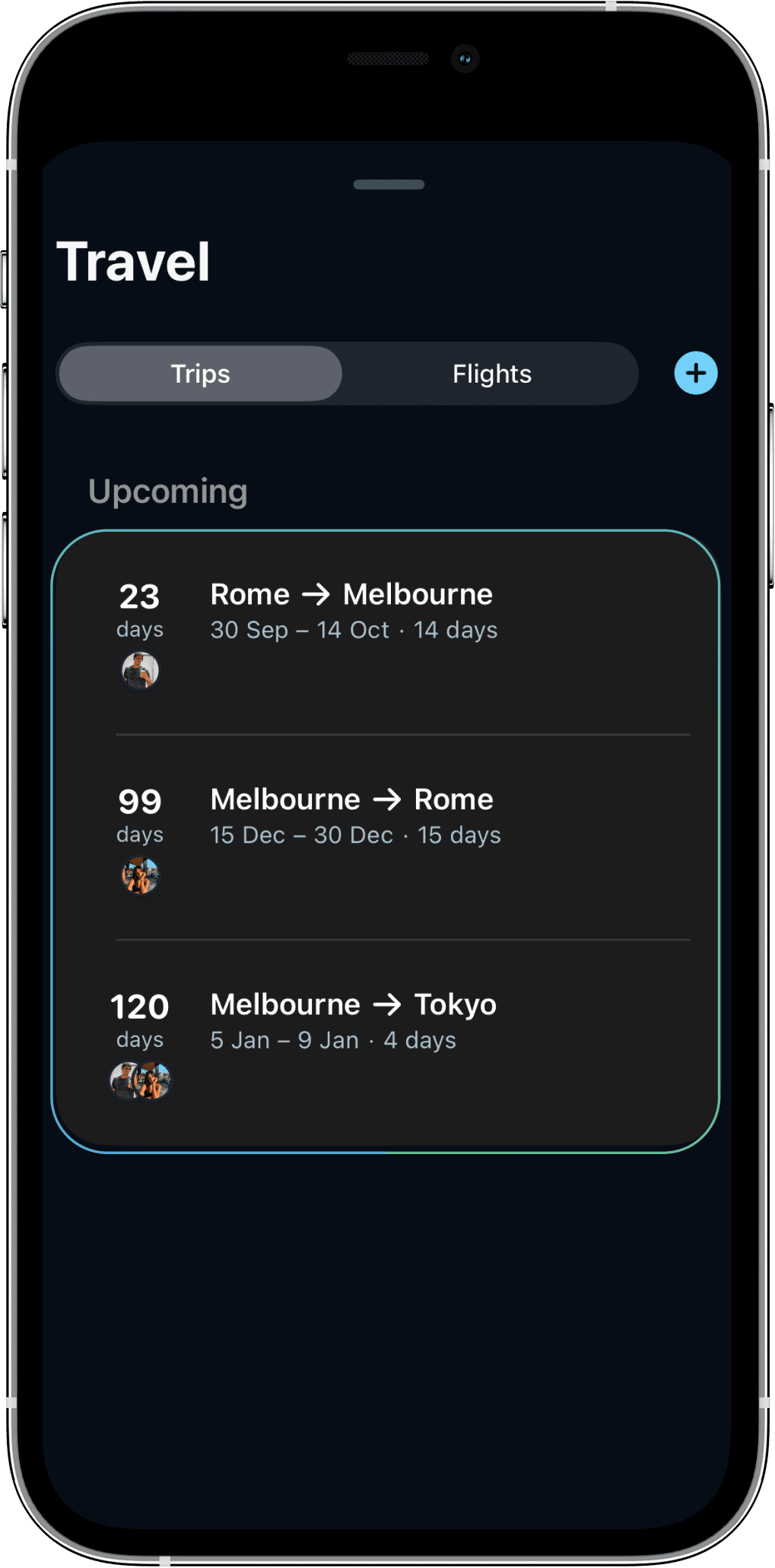 The Trips screen in Twofold, listing upcoming and past journeys